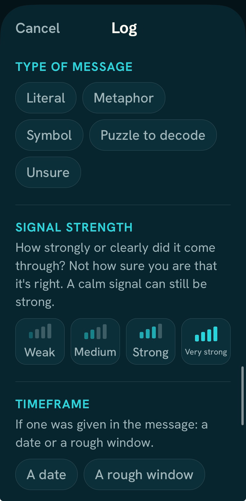 Optional detail: type of message, signal strength from weak to very strong, and timeframe