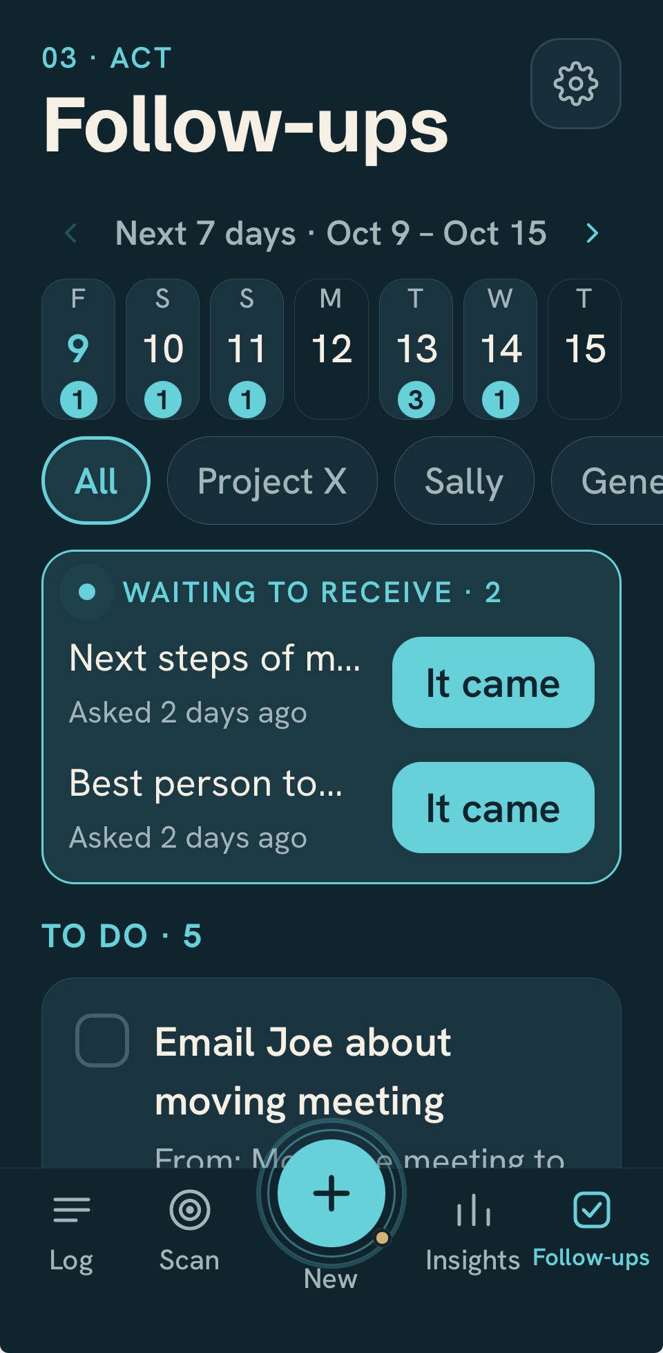 Follow-ups screen with a 7-day calendar, messages waiting to receive, and a to-do list